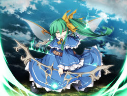Rule 34 | 1girl, adapted costume, arrow (projectile), arrow in mouth, belt, blue dress, blue sky, bow (weapon), capelet, cloud, daiyousei, dress, fairy wings, full body, glowing, green eyes, green hair, hair ribbon, holding, holding bow (weapon), holding weapon, in mouth, long hair, looking at viewer, mouth hold, pointy ears, ribbon, sasasa (nashi), side ponytail, sky, smile, smirk, solo, standing, touhou, weapon, wings