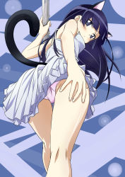 Rule 34 | 1girl, absurdres, animal ears, ass, bare shoulders, bent over, black hair, blue eyes, blunt bangs, blush, cat ears, cat tail, clothes lift, crotch, dress, dress lift, extra ears, from behind, from below, gokou ruri, highres, hime cut, kneepits, long hair, looking at viewer, looking back, ore no imouto ga konna ni kawaii wake ga nai, panties, pantyshot, pink panties, pole, pole dancing, presenting, solo, standing, stripper pole, tail, thighs, underwear, upskirt, white dress, yamamoto shuuhei