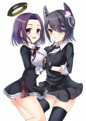 Rule 34 | 10s, 2girls, asymmetrical docking, bad id, bad pixiv id, black hair, black legwear, blush, breast press, breasts, cardigan, checkered clothes, checkered necktie, checkered neckwear, dress, dress shirt, eyepatch, fingerless gloves, gloves, halo, harimoji, headgear, holding hands, kantai collection, large breasts, multiple girls, necktie, open mouth, panties, personification, purple eyes, purple hair, ribbon, shirt, tatsuta (kancolle), tenryuu (kancolle), thighhighs, underwear, white background, white panties, yellow eyes