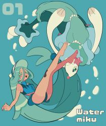 Rule 34 | 1girl, absurdres, barefoot, blue eyes, blue hair, character name, colored eyelashes, commentary, creatures (company), game freak, gen 7 pokemon, hair between eyes, hatsune miku, highres, long hair, nintendo, paku1252, pokemon, pokemon (creature), primarina, project voltage, starfish hair ornament, swimsuit, tan, tanline, twintails, very long hair, visor cap, vocaloid, water miku (project voltage)