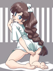 Rule 34 | 1girl, ass, barefoot, blue eyes, blush, bow, covering ass, covering privates, feet, hair bow, highres, kuonji ukyou, long hair, no panties, ranma 1/2, solo, toes, tongue, tongue out, wanta (futoshi), white bow