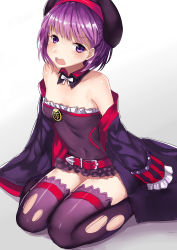 Rule 34 | 1girl, bare shoulders, belt, beret, black thighhighs, blush, breasts, corset, covered navel, d:, d:&lt;, detached collar, fate/grand order, fate (series), frilled skirt, frills, hat, helena blavatsky (fate), helena blavatsky (third ascension) (fate), highres, jacket, jacket on shoulders, looking at viewer, microskirt, open mouth, purple eyes, purple hair, shadow, short hair, simple background, sitting, skirt, small breasts, solo, teeth, thighhighs, thighs, torn clothes, v-shaped eyebrows, wariza, wenhe, white background, wing collar