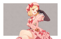 Rule 34 | 1girl, aluce, bead necklace, beads, beret, black gloves, blonde hair, border, bow, collarbone, crossed legs, dress, dress bow, elbow gloves, frilled dress, frills, gloves, grey background, hat, hat bow, highres, jack-o&#039;-lantern, jewelry, lambdadelta, looking at viewer, necklace, open mouth, orange eyes, outside border, pink bow, pink dress, pink hat, short hair, simple background, sitting, solo, umineko no naku koro ni, white border