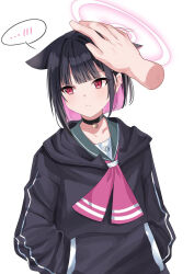 Rule 34 | ..., 1girl, animal ears, black choker, black hair, blue archive, blunt bangs, cat ears, choker, colored inner hair, commentary request, disembodied hand, ears down, extra ears, hands in pockets, headpat, highres, kazusa (blue archive), long sleeves, looking away, looking to the side, misakingu, multicolored hair, pink hair, red eyes, short hair, simple background, solo focus, spoken blush, spoken ellipsis, two-tone hair, white background