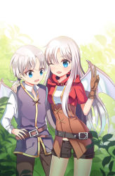 Rule 34 | 1boy, 1girl, bad id, bad pixiv id, blue eyes, blush, brown gloves, dragon girl, dragon wings, gloves, long hair, looking at another, looking at viewer, one eye closed, open mouth, original, short hair, short sleeves, silver hair, smile, wings, yuja