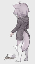 Rule 34 | 1girl, ahoge, animal ears, between legs, container, cup ramen, dog (mixed breed) (kemono friends), dog ears, dog tail, food, from behind, full body, grey background, grey hair, grey hoodie, hood, hood down, hoodie, instant soba, kemono friends, long sleeves, multicolored hair, muted color, no shoes, noodles, nyifu, pantyhose, short hair, simple background, solo, spill, standing, tail, tail between legs, white hair, white pantyhose, yakisoba