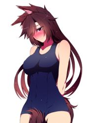 Rule 34 | 1girl, alternate costume, animal ears, arms behind back, bad id, bad twitter id, between legs, blue one-piece swimsuit, blush, breasts, brown hair, closed mouth, collarbone, commentary request, covered navel, cowboy shot, hair over one eye, highres, imaizumi kagerou, long hair, mamedenchi, medium breasts, nose blush, one-piece swimsuit, red eyes, school swimsuit, solo, swimsuit, tail, tail between legs, touhou, wavy mouth, wolf ears, wolf tail, you (noanoamoemoe)