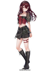 Rule 34 | 1girl, black footwear, black skirt, boots, brown hair, closed mouth, collarbone, copyright notice, copyright request, crop top, cross-laced footwear, full body, hair between eyes, knee boots, lace-up boots, long hair, looking at viewer, midriff, navel, ne-on, official art, puffy short sleeves, puffy sleeves, purple eyes, see-through, see-through sleeves, short sleeves, simple background, skirt, solo, standing, standing on one leg, very long hair, virtual youtuber, white background