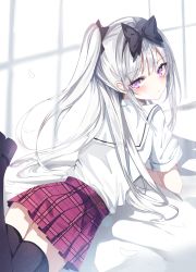 Rule 34 | 1girl, absurdres, arm support, black bow, bow, closed mouth, facing away, green night, hair bow, highres, legs up, long hair, looking at viewer, looking back, lying, on stomach, one side up, original, plaid, plaid skirt, pleated skirt, purple eyes, resolution mismatch, school uniform, serafuku, shirt, shirt tucked in, skirt, solo, source smaller, thighhighs, very long hair, white background, white hair, white shirt, zettai ryouiki