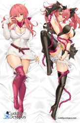 Rule 34 | 1girl, alternate costume, arm up, armpits, bed sheet, belt, black bow, black footwear, black gloves, boots, bow, bracelet, breasts, brown eyes, chain, commentary, cuddly octopus, dakimakura (medium), detached sleeves, dress, earrings, english commentary, fur-trimmed boots, fur trim, gloves, green nails, grin, hair between eyes, hair bow, high heel boots, high heels, highres, hoop earrings, idolmaster, idolmaster cinderella girls, inward v, jewelry, jougasaki mika, knee up, large breasts, long hair, looking at viewer, lying, mixed-language commentary, multicolored nails, multiple views, nail polish, necklace, on back, on side, pink footwear, pink hair, pink nails, red nails, shorts, smile, spikes, spread legs, thigh boots, thighhighs, tony guisado, twintails, white dress, yellow eyes