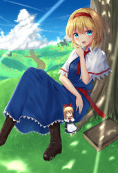 Rule 34 | 2girls, absurdres, alice margatroid, blonde hair, blue eyes, blush, book, boots, bow, brown footwear, cloud, day, hair bow, hairband, high heel boots, high heels, highres, knee boots, looking at viewer, multiple girls, open mouth, outdoors, pointing, red bow, shanghai doll, short hair, sitting, smile, suiroh (shideoukami), touhou, tree, tree shade