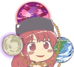 Rule 34 | 1girl, bare shoulders, black shirt, blush, chain, chibi, dot nose, earth (ornament), gold chain, gyate gyate, hecatia lapislazuli, hot, ikiyouz, lowres, moon (ornament), open mouth, portrait, red eyes, red hair, shirt, smile, solo, touhou, transparent background