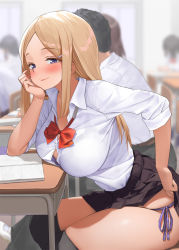 Rule 34 | 1girl, black skirt, black thighhighs, blush, book, bow, bowtie, breasts, classroom, closed mouth, clothes lift, hair ornament, hairclip, indoors, kaisen chuui, large breasts, long hair, looking at viewer, original, panties, purple panties, red neckwear, school uniform, shirt, side-tie panties, side-tie peek, sitting, skirt, smile, table, teasing, thighhighs, thighs, underwear, white shirt