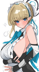 Rule 34 | 1girl, bare shoulders, black gloves, blonde hair, blue archive, blue eyes, blush, breasts, elbow gloves, fingerless gloves, gloves, halo, hat, large breasts, looking at viewer, maid, maid headdress, mob cap, sideboob, simple background, solo, sunaneko, toki (blue archive), v, white background