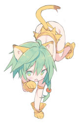 Rule 34 | 1girl, :o, all fours, animal ears, animal print, ass, blade (galaxist), cham cham, full body, gloves, green eyes, green hair, hair between eyes, looking at viewer, messy hair, open mouth, paw pose, samurai spirits, simple background, solo, tail, tiger ears, tiger print, tiger tail, white background, yellow gloves