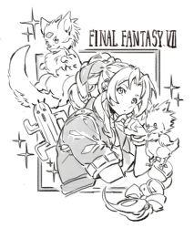 Rule 34 | 1girl, aerith gainsborough, bracelet, braid, carbuncle (final fantasy), chocobo, cropped jacket, final fantasy, final fantasy vii, final fantasy vii remake, greyscale, hair ribbon, hand on own face, jewelry, long hair, monochrome, papajay (jennygin2), parted bangs, ribbon, sabotender, sidelocks, sparkle, square enix, wavy hair