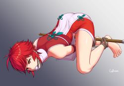 Rule 34 | 1girl, artist name, ass, barefoot, bdsm, bondage, bound, brown eyes, feet, female focus, fire emblem, fire emblem fates, gag, gbeeee, hinoka (fire emblem), looking at viewer, nintendo, red hair, rope, short hair, solo, toes