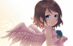 Rule 34 | 1girl, angel, angel wings, bad id, bad pixiv id, bare arms, blue eyes, blue flower, breasts, brown hair, dress, flower, frilled shirt, frills, gradient background, kyouou ena, love live!, love live! school idol festival, love live! sunshine!!, medium breasts, shirt, short hair, sleeveless, watanabe you, wings