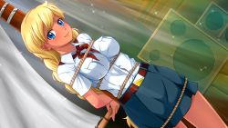 Rule 34 | 1girl, arms behind back, belt, blonde hair, blue eyes, blue skirt, blush, bound, braid, breasts, commentary, dress shirt, dutch angle, english commentary, everlasting summer, highres, huyase, impossible clothes, impossible shirt, indoors, light beam, long hair, looking at viewer, medium breasts, pioneer movement, pioneer neckerchief, rope, sail, shirt, skirt, slavya-chan, smile, solo, soviet pioneer, standing, tied up, very long hair, white shirt