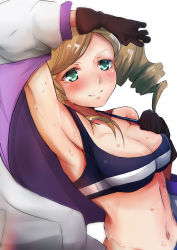Rule 34 | 1girl, absurdres, armpits, blush, breasts, brown hair, cleavage, drill hair, eco turbine, gloves, green eyes, gundam, gundam tekketsu no orphans, highres, long hair, looking at viewer, midriff, navel, okato, solo, sports bra, sweat, toned, twintails, undressing, upper body, wiping sweat