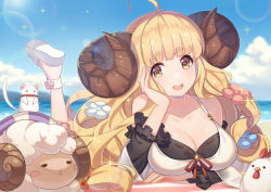 Rule 34 | 1girl, :d, ahoge, anila (granblue fantasy), anila (summer) (granblue fantasy), beach, beach towel, bikini, blonde hair, blue sky, blunt bangs, blush, breasts, cleavage, cloud, day, detached sleeves, draph, flower, granblue fantasy, hair flower, hair ornament, horns, jiman, large breasts, layered bikini, long hair, looking at viewer, lying, mouse (animal), ocean, on stomach, open mouth, outdoors, ribbon-trimmed bikini, ribbon-trimmed sleeves, ribbon trim, sheep, sheep horns, short eyebrows, sky, smile, solo, swimsuit, teeth, thick eyebrows, towel, upper teeth only, very long hair, yellow eyes