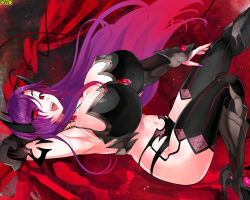 Rule 34 | 1girl, arm up, armor, armpits, arms behind head, bikini armor, breasts, cleavage, demon girl, fangs, gradient background, huge breasts, looking at viewer, lying, nail polish, navel, on back, open mouth, purple hair, red eyes, smile, solo, sudachi (omc), thighhighs