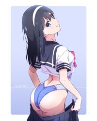 Rule 34 | 1girl, ass, black hair, blue background, blue eyes, blue sky, border, commentary, competition swimsuit, dated, from behind, head tilt, headband, highres, looking at viewer, looking back, monai-chan (nii manabu), nii manabu, one-piece swimsuit, original, school uniform, shirt, signature, skirt, sky, solo, swimsuit, thighs, undressing, unworn skirt, white border, white headband, white shirt