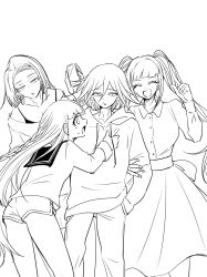 Rule 34 | 1boy, 3girls, :d, :o, ass, bare shoulders, braid, breasts, clenched hand, collarbone, collared shirt, danganronpa (series), danganronpa v3: killing harmony, dice members (danganronpa), dress shirt, earrings, feet out of frame, greyscale, hair between eyes, hand in pocket, hand up, highres, holding, holding phone, hood, hood down, hoodie, jewelry, large breasts, long hair, long sleeves, medium hair, monochrome, multiple girls, oma kokichi, open mouth, pants, phone, sailor collar, shachoo (poco poco), shirt, shirt tucked in, shorts, skirt, smile, sweat, twintails