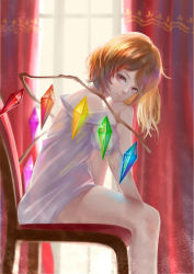 Rule 34 | 1girl, absurdres, bare shoulders, blonde hair, chair, collared shirt, crystal, curtains, eyelashes, flandre scarlet, highres, knee up, long hair, looking at viewer, naked shirt, nana (13054942), nose, off shoulder, parted lips, pink lips, puffy short sleeves, puffy sleeves, red eyes, shirt, short sleeves, side ponytail, sitting, smile, solo, touhou, white shirt, window, wings