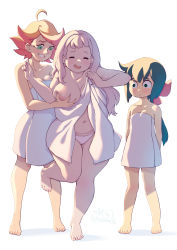 Rule 34 | 3girls, ahoge, amanda o&#039;neill, bare arms, bare shoulders, barefoot, blonde hair, blue hair, blush, grabbing another&#039;s breast, breasts, closed eyes, closed mouth, cloudxmoe, collarbone, constanze amalie von braunschbank-albrechtsberger, constricted pupils, curvy, feet, full body, grabbing, green eyes, grin, groping, hair ribbon, highres, jasminka antonenko, large breasts, little witch academia, medium breasts, multiple girls, navel, nipples, open mouth, orange hair, panties, pink hair, plump, ponytail, ribbon, short hair, simple background, small breasts, smile, standing, standing on one leg, stomach, thick thighs, thighs, toes, towel, underwear, white background, yuri