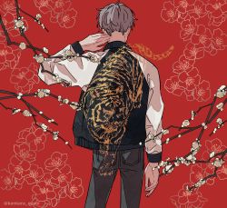 Rule 34 | 1boy, absurdres, black jacket, black pants, branch, commentary request, cowboy shot, floral background, flower, from behind, grey hair, hand up, highres, jacket, kankara nashi, long sleeves, male focus, multicolored clothes, multicolored jacket, original, pants, red background, short hair, solo, sukajan, tiger, twitter username, two-tone jacket, white flower, white jacket