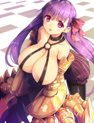 Rule 34 | 1girl, :o, black pantyhose, breasts, buckle, checkered floor, claws, cleavage, collar, collarbone, colored eyelashes, corset, covered erect nipples, cura, fate/grand order, fate (series), hair ribbon, large breasts, leaning forward, legs apart, long hair, looking at viewer, o-ring, open mouth, pantyhose, passionlip (fate), purple eyes, purple hair, red ribbon, revealing clothes, ribbon, shorts, solo, striped clothes, striped shorts, tareme, vertical-striped clothes, vertical-striped shorts, very long hair