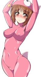 Rule 34 | 10s, 1girl, anglerfish costume, arms up, blush, bodysuit, breasts, brown eyes, brown hair, covered erect nipples, covered navel, fish costume, girls und panzer, impossible bodysuit, impossible clothes, medium breasts, nishizumi miho, pink bodysuit, short hair, simple background, skin tight, solo, white background