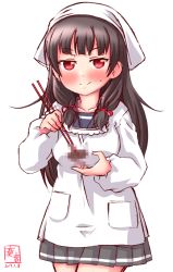 Rule 34 | 10s, 1girl, apron, bad food, black hair, bow, censored, censored food, chopsticks, collarbone, commentary request, dated, hair bow, hair ribbon, head scarf, highres, holding, isokaze (kancolle), kanon (kurogane knights), kantai collection, kappougi, long hair, looking at viewer, mosaic censoring, pleated skirt, red eyes, ribbon, school uniform, serafuku, simple background, sketch, skirt, smile, solo, sweat, tenugui, white background