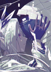 Rule 34 | 1boy, 1girl, absurdres, astronaut, black necktie, black ribbon, blue archive, closed mouth, commentary request, covered face, face-to-face, from side, furrowed brow, gloves, grey hair, hair ribbon, halo, hands on another&#039;s face, helmet, highres, iori (blue archive), long hair, long pointy ears, long sleeves, necktie, pointy ears, profile, red eyes, ribbon, sensei (blue archive), shirt, sidelocks, sky, space helmet, star (sky), starry sky, twintails, upper body, w wakase, white shirt