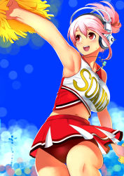 Rule 34 | 1girl, arm up, armpits, blush, breasts, buruma, cheerleader, clothes writing, headphones, highres, jewelry, large breasts, navel, necklace, nitroplus, open mouth, pink hair, pom pom (cheerleading), ponytail, red eyes, skirt, solo, super sonico, twinpoo