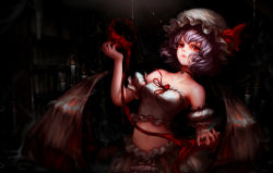 Rule 34 | 1girl, adapted costume, arm garter, bare shoulders, blood, bloomers, bob cut, book, bookshelf, breasts, brooch, candle, choker, cross, dark, dark background, expressionless, eyelashes, frills, hat, hat ribbon, hemokinesis, highres, jewelry, kiyomasa ren, lips, looking at viewer, low wings, midriff, mob cap, navel, red eyes, red ribbon, remilia scarlet, ribbon, short hair, small breasts, solo, strapless, touhou, tube top, underwear, wings