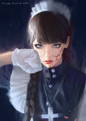 Rule 34 | 1girl, absurdres, artist name, black hair, black lagoon, blood, blood on face, blue eyes, braid, commentary, cross, dated, english commentary, eyelashes, glasses, gloves, hair over shoulder, highres, jewelry, lips, long hair, looking at viewer, maid, maid headdress, mars foong, necklace, nose, ponytail, roberta (black lagoon), simple background, solo, white gloves