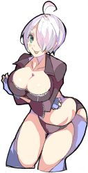 Rule 34 | 1girl, ahoge, angel (kof), bent over, blush, breast hold, breasts, chaps, cleavage, commentary request, cropped jacket, crossed arms, enpe, fingerless gloves, gloves, green eyes, hair over one eye, highres, jacket, large breasts, midriff, short hair, simple background, smile, solo, the king of fighters, tongue, tongue out, white background, white hair