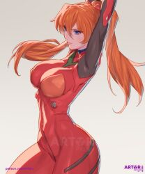 Rule 34 | 1girl, alternate breast size, arms up, artist name, arttoru, ass, blue eyes, bodysuit, breasts, brown hair, curvy, highres, interface headset, large breasts, long hair, looking at viewer, medium breasts, neon genesis evangelion, parted lips, plugsuit, red bodysuit, shiny clothes, skin tight, souryuu asuka langley, twintails, two side up, very long hair