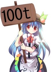 Rule 34 | 1girl, blue hair, city hunter, female focus, food, fruit, hat, hinanawi tenshi, long hair, looking at viewer, mallet, okuri banto, oversized object, peach, puffy sleeves, red eyes, short sleeves, simple background, skirt, smile, solo, standing, touhou, tsunono, weapon, white background