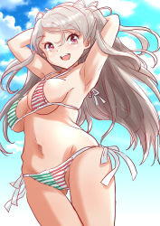 Rule 34 | 1girl, arms behind head, bikini, blue sky, breasts, brown eyes, cloud, commentary request, conte di cavour (kancolle), cowboy shot, fuji (pixiv24804665), grey hair, highres, kantai collection, large breasts, long hair, open mouth, side-tie bikini bottom, sky, solo, striped bikini, striped clothes, swimsuit, teeth, two side up, upper teeth only