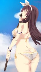 Rule 34 | 1girl, absurdres, artist name, ass, bikini, breasts, brown hair, butt crack, cloud, cloudy sky, comic, cowboy shot, day, facu10mag, fairy tail, grey bikini, hairband, highres, hime cut, holding, holding weapon, kagura mikazuchi, katana, large breasts, long hair, looking at viewer, looking back, parted lips, profile, purple eyes, side-tie bikini bottom, sideboob, sky, smile, solo, standing, swimsuit, sword, twisted neck, weapon