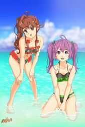 Rule 34 | 22/7, 2girls, ahoge, bikini, blue sky, brown eyes, brown hair, bxtbsy7q76gxh73, collarbone, crab, fang, frilled bikini, frills, full body, hair ornament, hands on own knees, highres, leaning forward, long hair, looking at viewer, multicolored bikini, multicolored clothes, multiple girls, navel, ocean, open mouth, outdoors, purple eyes, purple hair, side ponytail, sitting, sky, smile, swimsuit, toda jun, tojo yuki, twintails, wariza