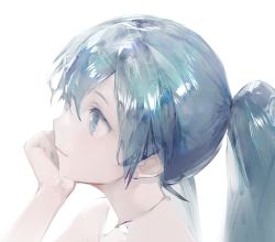 Rule 34 | 1girl, aqua eyes, aqua hair, aqua nails, arm support, bloom, commentary, from side, hatsune miku, head rest, highres, lips, long hair, looking up, nail polish, profile, smile, solo, twintails, vocaloid, white background, yyb