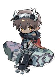 Rule 34 | 1boy, android, brown hair, cape, collar, collarbone, facial mark, facial tattoo, full body, green shorts, hair between eyes, highres, indian style, looking at viewer, made in abyss, male focus, mechanical arms, mechanical hands, mechanical legs, metal collar, metal hairband, multicolored clothes, multicolored shorts, no pupils, on ground, pants, pointy ears, purple shorts, red cape, regu (made in abyss), robot, shorts, sitting, sketch, slwii2, solo, tattoo, topless male, two-tone pants, v-shaped eyebrows, v arms, yellow eyes