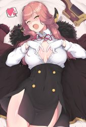 Rule 34 | 1girl, absurdres, aru (blue archive), bad id, bad pixiv id, black skirt, blue archive, breasts, buttons, coat, collared shirt, covered navel, double-breasted, fur-trimmed coat, fur trim, gloves, heart, high-waist skirt, highres, horns, legs together, long hair, long sleeves, looking at viewer, lying, medium breasts, mole, mole on breast, neck ribbon, on back, ooyun, open clothes, open coat, open mouth, partially unbuttoned, pink hair, red coat, ribbon, shiny skin, shirt, shirt tucked in, skirt, solo, spoken heart, white shirt