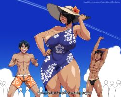 Rule 34 | 1girl, 2girls, beach, breasts, dress, exhibitionism, family, large breasts, mature female, mother and son, multiple girls, public indecency, rena (sgt crisis), see-through, see-through dress, sgt crisis, tan, text focus, wide hips