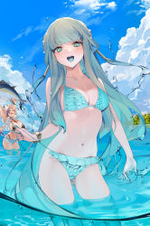 Rule 34 | 2girls, :d, absurdres, aqua bikini, aqua hair, arms up, beach, bikini, bikini pull, black bikini, blue sky, blue theme, blunt bangs, blush, breasts, cleavage, clothes pull, cloud, cloudy sky, copyright request, cowboy shot, day, fish, frilled bikini, frills, grey hair, halterneck, highres, large breasts, long hair, looking at viewer, multiple girls, navel, ohisashiburi, open mouth, outdoors, partially submerged, partially underwater shot, pulled by self, side-tie bikini bottom, sky, slime (substance), smile, solo focus, standing, stomach, string bikini, swimsuit, teeth, tuna, underwater, untied bikini, upper teeth only, wading, water