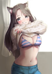 Rule 34 | 1girl, absurdres, animal ears, arms up, bikini, bikini top only, black eyes, black hair, blue bikini, blue shorts, breasts, cat ears, cleavage, cowboy shot, grin, highres, large breasts, long hair, long sleeves, looking at viewer, navel, original, sahara1127, shorts, skindentation, smile, solo, stomach, string bikini, striped bikini, striped clothes, sweater, swimsuit, undressing, white sweater